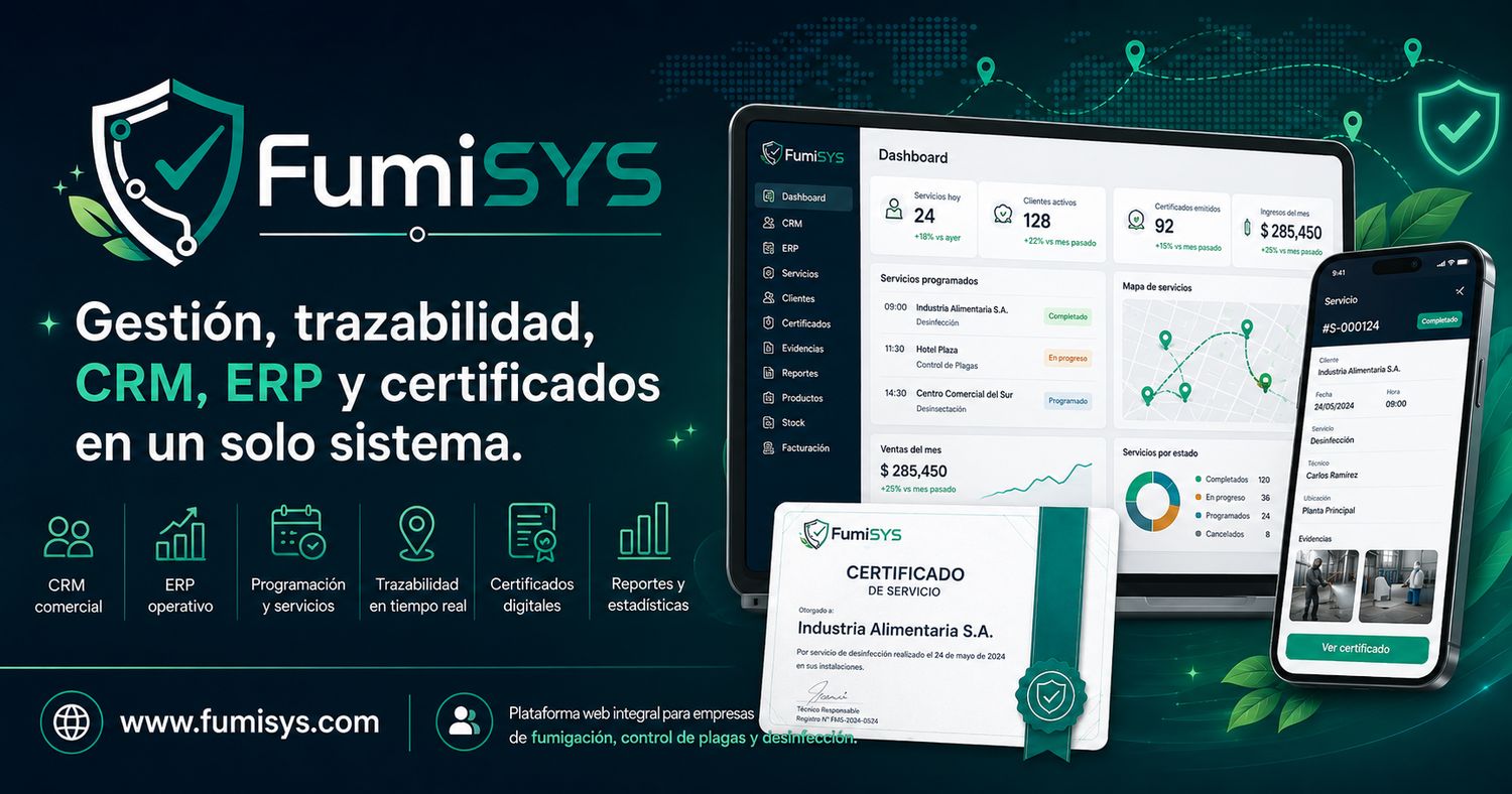 FumiSYS en escritorio y móvil: dashboard, certificado y app de campo